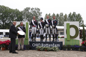 Great Britain won the second leg of the FEI Nations Cup™ Dressage 2013 series at Rotterdam, The Netherlands today. Pictured on the podium (L to R): Carl Hester, Charlotte Dujardin, Daniel Watson and Gareth Hughes.