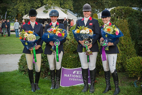 Great Britain won the penultimate leg of FEI Nations Cup™ Eventing in Waregem (BEL) after sending a new all-female quartet (left to right): Sarah Bullimore (Reve du Rouet), Izzy Taylor (Orlando), Lucy Wiegersma (Simon Porloe) and Laura Collett (Allora 3). Photo by www.eventingphoto.com/FEI