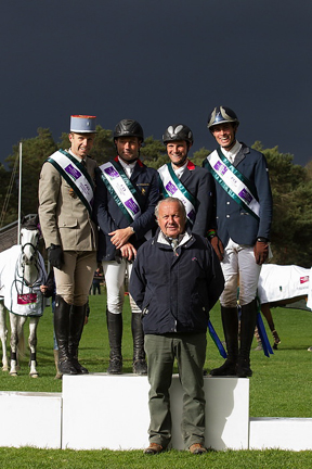 France’s Donatien Schauly, Eric Vigeanel, Nicolas Touzaint and Maxime Livio with Chef d’Equipe Thierry Touzaint (centre) dominated the opening leg of FEI Nations Cup™ Eventing 2014 at Fontainebleau (FRA). Photo by Eric Knoll/FEI