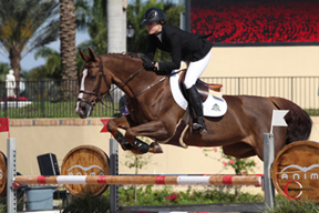 Canadian Olympian Tiffany Foster and Melody des Hayettes Z, owned by Artisan Farms, won the $34,000 Spy Coast Farm 1.45m Speed on Wednesday, March 26, during the final week of the 2014 FTI Consulting Winter Equestrian Festival in Wellington, FL. Photo by Sportfot