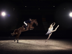 US Elite Jumping rider Charlie Jacobs demonstrates the power and athleticism of his sport, alongside Liudmila Khitrova from the Minsk Bolshoi, ahead of the Longines FEI World Cup™ Jumping Final in Lyon, France. Photo by FEI/Hamish Brown