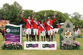 Team Canada recorded their second successive victory in the Furusiyya FEI Nations Cup™ Jumping 2014 North America, Central America and Caribbean League when winning the qualifier at Coapexpan, Mexico. On the podium (L to R) Jonathon Millar, Chris Sorensen, Kara Chad and Ian Millar. Photo by FEI/Anwar Esquivel