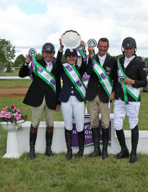 The winning New Zealand team at Houghton International, fourth leg of the FEI Nations Cup™ 2014 (left right): Craig Nicolai, Lizzie Brown, Sir Mark Todd and Tim Price. Photo by Fiona Scott-Maxwell/FEI