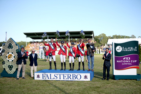 Team Germany on the podium following their victory in the sixth leg of the Furusiyya FEI Nations Cup™ Jumping Europe Division 1 League at Falsterbo in Sweden today: (L to R) Andre Thieme, Katrin Eckermann, Meredith Michaels-Beerbaum, Patrick Stuehlmeyer and Chef d’Equipe Otto Becker. Left of podium - Anders Mellberg, President Swedish NF and Jan Olaf Wannius, President Falsterbo Horse Show. Right of podium - Mr Adil Alfwzan, Deputy Chargé d’Affaires Saudi Arabian Embassy in Sweden. Photo: FEI/Roland Thunholm.