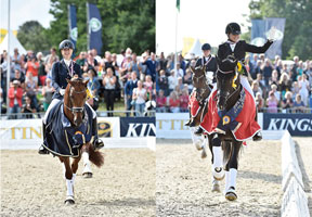 Winners at the FEI World Breeding Dressage Championships for Young Horses 2014 in Verden (GER) were: (L) Six-Year-Old champion Dancer Forever ridden by The Netherlands’ Kirsten Brouwer and (R) Five-Year-Old champion Sezuan 2 ridden by Germany’s Dorothee Schneider. Photo byy FEI/Karl-Heinz Freiler.
