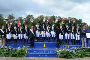On the podium for Team Eventing at the FEI European Pony Championships 2014 in Millstreet (IRL): Silver - Great Britain, Chef d'Equipe Gary Parsonage, Thomas Tulloch, Isabelle Upton, Chelsea Pearce, Oliver Williams; Gold - France, Chef d'Equipe Emmanuel Quittet, Victor Levecque, Yfke Bourget, Marine Bolleret, Heloise Le Guern: Bronze - Italy, Chef d'Equipe Zillia Pearse, Matteo Guiducci, Manfredi Foschi, Maria Sole Girardi and Emma Pasqualini, trainer Jacapo Comelli. Photo by FEI/Tony Parkes
