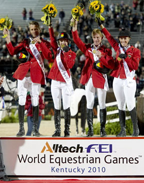 Germany stormed to victory in the team Jumping Championship at the Alltech FEI World Equestrian Games™ 2010 in Kentucky, USA. Pictured left to right - Carsten-Otto Nagel, Meredith Michaels-Beerbaum, Marcus Ehning and Janne-Freidericke Meyer. (Kit Houghton/FEI)