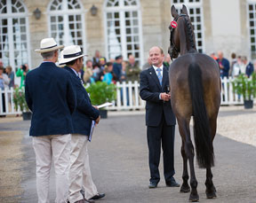 Defending Eventing world champion Michael Jung (GER) and the nine-year old mare FisherRocana FST pictured at the first horse inspection at the historic Haras du Pin. Photo by Trevor Holt/FEI