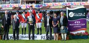 Team USA won their third consecutive Furusiyya FEI Nations Cup™ Jumping competition at the last leg of the Europe Division 1 2014 series in Dublin, Ireland. Pictured (L to R): Matt Dempsey, President of the Royal Dublin Society: His Excellency the President Of Ireland Micheal D Higgins: Katie Dinan, Jessica Springsteen, Charlie Jayne, Chef d'Equipe Robert Ridland and Beezie Madden from Team USA; Saudi Arabian Ambassador to Ireland His Excellency Abdul Aziz Abdul Rahman Aldriss: Katrina Jones, Brand Director Longines UK and Ireland: and John McEwen, FEI First Vice-President. Photo by FEI/Tony Parkes