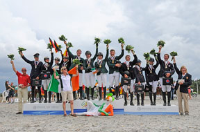 Enjoying their well-earned moment of glory on the podium at the FEI European Eventing Championships for Young Riders 2014 in Vale Sabroso, Portugal were the medal-winning teams from (L to R) Germany (silver), Ireland (gold) and Great Britain (bronze). Photo by FEI/Nuno Goncalves