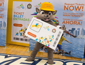 Toronto 2015 Pan American Games mascot Pachi with the first-ever ticket to Equestrian competition in Caledon.
