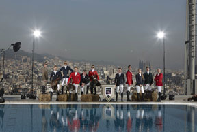 Riders from around the globe in Barcelona for the Furusiyya FEI Nations Cup™ Jumping Final draw inspiration from the iconic Piscina Municipal de Montjuïc, home of the 1992 Barcelona Olympic Diving Finals, with its magnificent city backdrop. [L-R], Simone Coata (ITA), Alexander Zetterman (SWE), Andres Rodrigez (VEN), William Whitaker (GBR), Julia Hargreaves (AUS), Ben Asselin (CAN), Pedro Vennis (BRA), Margie Engle (USA), Simon Delestre (FRA), Paula Amilibia (ESP) and Dirk Demeersman (BEL). Photo by Jude Edginton /FEI