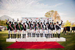 On the podium for the Pre-Junior Team event at the FEI Americas Jumping Championships 2014 in Vitacura, Chile (L to R): the silver medallists from Brazil Verde, the gold medallists from Brazil Amarela and the bronze medallists from Argentina Blanco. Photo by FEI/Lucio Landa