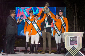 The Netherlands’ team celebrate victory in the Furusiyya FEI Nations Cup™ Jumping 2014 Final in Barcelona, Spain tonight. (L to R), HRH Prince Faisal of Saudi Arabia and Dutch team members Jeroen Dubbeldam, Gerco Schroder, Chef d’Equipe Rob Ehrens, Maikel van der Vleuten and Jur Vrieling. Photo by FEI/Dirk Caremans