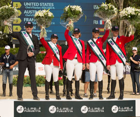 Team USA won the Challenge Cup at the Furusiyya FEI Nations Cup™ Jumping Final 2014 in Barcelona, Spain today (L to R) Chef d'Equipe Robert Ridland with Margie Engle, Beezie Madden, Lauren Hough and McLain Ward. Photo by FEI/Dirk Caremans