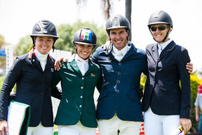On the podium at the FEI World Jumping Challenge Final 2014 in Kyalami (RSA) left to right: silver medallist Maria Gabriela Brugal (DOM), Alexa Stais (RSA) who finished fourth, Rainer Korber (RSA) who took bronze and gold medallist Charley Crockart (ZIM). Photo by FEI/Tamara Blake Images