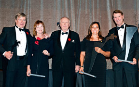 Terrance Millar presented the 1987 Pan American Games Gold Medal Team with the Jump Canada Hall of Fame Award – Team. From left to right: Hugh Graham, Lisa Carlsen, Terrance Millar, Laura Tidball-Balisky and Ian Millar. Photo by Michelle C. Dunn