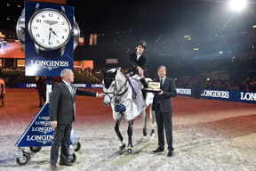 Spain’s Sergio Alvarez Moya and Carlo pictured with (left) Chief Steward Matheus Locher and (right) Mr Charles Villoz, Longines’ Vice-President and Head of International Sales, after winning today’s tenth leg of the Longines FEI World Cup™ Jumping 2014/2015 Western European League at Zurich, Switzerland. Photo by FEI/Karl-Heinz Freiler