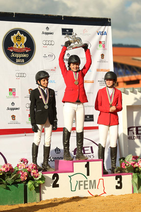 Medallists on the podium at the FEI Children’s International Classics Final 2014 in Valle de Bravo, Mexico yesterday : (L to R) Issam Haddad from Lebanon (silver), Eugenia Garcia from Mexico (gold) and Ana Sofia Alban from Mexico (bronze). (FEI/Anwar Esquivel)