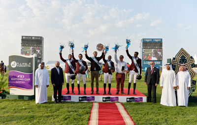 Pictured at the Furusiyya FEI Nations Cup™ Jumping 2015 qualifier in Abu Dhabi, UAE today (L to R) : Faisal Al Ali, Vice-President Emirates Equestrian Federation, Patrick Aoun, Brand Manager Longines, winning Qatari team members Ali Yousef Al Rumaihi and Khalid Al Emadi, Chef d’Equipe Willem Meeus, team member Bassem Hassan Mohammed, coach Jan Tops and team member Sheikh Ali Bin Khalid Al Thani, Stephan Ellenbruch, Foreign Judge, Saeed Mohammad Bin Hofaan Al Mansouri, Ghantoot Racing and Polo Club and Ahmad Ali Al Nuami, General Manager Ghantoot Racing and Polo Club. Photo by FEI/Richard Juilliart