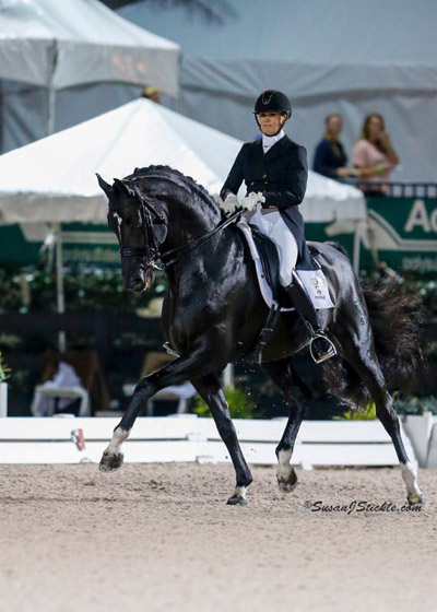 Ashley Holzer and Dressed In Black took seventh place in the prestigious FEI Grand Prix Freestyle CDI-W with a score of 72.35% during week nine of the Adequan Global Dressage Festival in Wellington, Fla. Photo by Susan J. Stickle