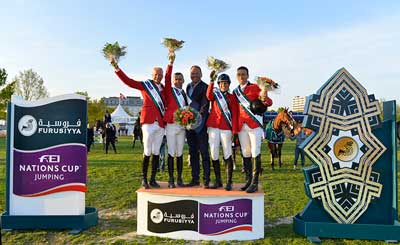 The winning Belgian team at the Furusiyya FEI Nations Cup™ Jumping 2015 Europe Division 2 leg at Odense, Denmark today: (L to R) Jeromy Guery, Wilm Vermeir, Chef d’Equipe Maurice van Roosbroeck, Catherine von Roosbroeck and Gilles Dunon. Photo by FEI/Annette Boe Østergaard