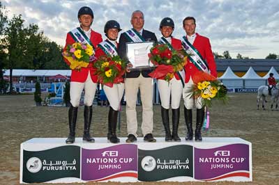 The team from the Czech Republic won the first leg of the Furusiyya FEI Nations Cup™ Jumping 2015 Europe Division 2 League at Linz, Austria today: (L to R) Ales Opatrny, Emma Augier de Moussac, Chef d’Equipe Martin Ohnheiser, Zuzana Zelinkova and Ondrej Zvara. Photo by FEI/Herve Bonnaud