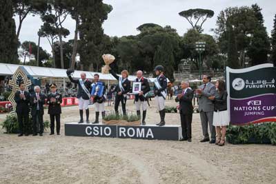 At the prize-giving for the third leg of the Furusiyya FEI Nations Cup™ Jumping 2015 Europe Division 1 League at Piazza di Siena in Rome, Italy where Great Britain reigned supreme: (L to R) On. Sandro Gozi, FISE President Vittorio Orlandi, Gen. Roberto Corsini, Michael Whitaker, Robert Whitaker, British Chef d’Equipe Di Lampard, John Whitaker, Holly Gillott, FEI President Ingmar de Vos, Mr Majd Aldrees, Deputy Chef de Mission Saudi Arabian Embassy Rome, Elisa Gasparini, Brand Manager Longines Italy. Photo by FEI/Stefano Secchi