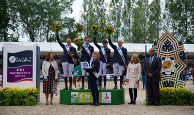 Team Great Britain secured their third win in the Furusiyya FEI Nations Cup™ Jumping 2015 Europe Division 1 League at Rotterdam, The Netherlands today. Pictured (L to R) Show President Belle de Bruin, team members Joe Clee, Ben Maher, Chef d’Equipe Di Lampard (in front), Jessica Mendoza and Michael Whitaker, Judith Mennen Longines Brand Manager The Netherlands and Khaled Alselmi, Deputy Chef de Mission Saudi Arabia. Photo by FEI/Arnd Bronkhorst