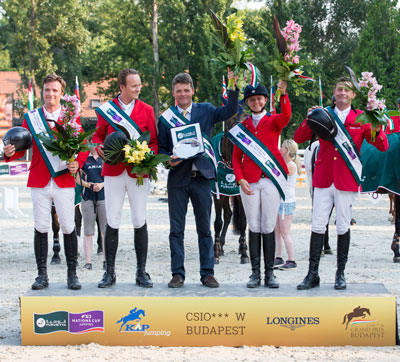 Team Denmark won the fifth leg of the Furusiyya FEI Nations Cup™ Jumping 2015 Europe Division 2 League at Budapest in Denmark today. Pictured (L to R) Thomas Sandgaard, Andreas Schou, Chef d’Equipe Lars Pedersen, Rikke Haastrup and Soren Pedersen. Photo by FEI/Tomas Holbecher