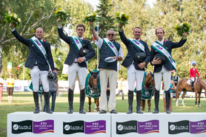 France won the sixth leg of the Furusiyya FEI Nations Cup™ Jumping Europe Division 2 League at Bratislava, Slovakia today. (L to R) Marc Le Berre, Geoffroy de Coligny, Philippe Guerdat (Chef d’Equipe), Francois Xavier Boudant and Bernard Briant Chevalier. Photo by FEI/Tomas Holcbecher