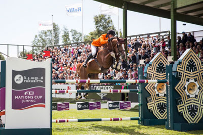 Harrie Smolders and Emerald were pathfinders for the Dutch team that won today’s sixth leg of the Furusiyya FEI Nations Cup™ Jumping 2015 Europe Division 1 League at Falsterbo, Sweden with a zero score. Photo by FEI/Lotta Gyllensten