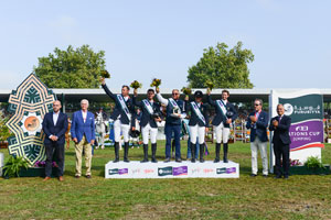 France won the penultimate leg of the Furusiyya FEI Nations Cup™ Jumping 2015 Europe Division 2 league at Gijon, Spain today. (L to R) Jaime de Rivera, Vice-President of the Spanish Equestrian Federation, Jesús Martinez Salvador, Gijón Town Council Sports Department President, team members Aymeric de Ponnat, Alexandre Fontanelle, Chef d’Equipe Philippe Guerdat, Adeline Hecart and Cyril Bouvard, Ramón Méndez Díaz, Coca-Cola Communications Department and Javier Revuelta, President of the Spanish NF (Furusiyya representative). Photo by FEI/Hervé Bonnaud