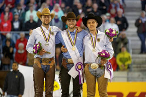 The individual medal podium at the FEI European Reining Championships (from left), silver medallist Grischa Ludwig (GER), gold medallist Giovanni Masi de Vargas (ITA), and bronze medallist Elias Ernst (GER). Photo by FEI/Dirk Caremans