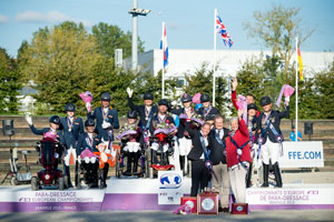 Great Britain (centre) scored team gold at the FEI European Para-Equestrian Dressage Championships 2015 in Deauville (FRA) today and were joined on the medal podium by the Netherlands in silver and Germany in bronze. Photo by Jon Stroud/FEI
