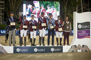 Team Qatar, winners of tonight’s Longines Challenge Cup at the Furusiyya FEI Nations Cup™ Jumping Final 2015 in Barcelona, Spain: (L to R) Chef d’Equipe Willem Meeus, Ali Yousef Al Rumaihi, Khalid Mohammedd Al Emadi, Sheikh Ali Bin Khalid Al Thani, Hamad All Mohamed Al Attiyah and Bassem Hassan Mohammed. Photo by FEI/Dirk Caremans