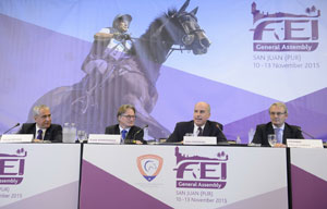 Olympic formats were the focus of today’s session at the FEI General Assembly in San Juan (PUR), with FEI President Ingmar De Vos (left) leading discussions with National Federations on proposed changes to Olympic competition formats. The three Olympic discipline Chairs, Frank Kemperman (Dressage), John Madden (Jumping) and Giuseppe Della Chiesa (Eventing) detailed the proposals to delegates. Photo by FEI/Richard Juilliart