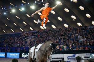 Reach for the stars! German sensation, Jannis Drewell, jumped sky high to win the Individual Male category at the fourth leg of the FEI World Cup™ Vaulting 2015/2016 series at Mechelen, Belgium. Photo by FEI/Dirk Caremans