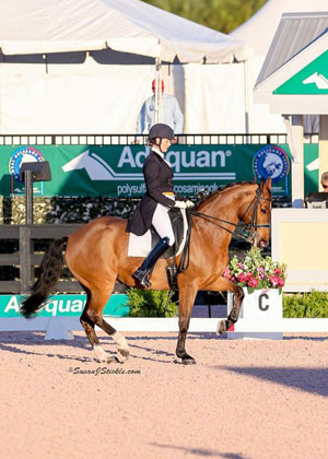 Leah Wilson Wilkins of Orangeville, ON kicked off the prestigious CDI-W Adequan Global Dressage Festival by earning her highest scores to date at the CDI level aboard Fabian J.S. Photo by Susan J. Stickle