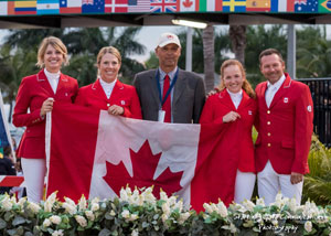 The Canadian Show Jumping Team, from left to right: Tiffany Foster, Elizabeth Gingras, chef d’equipe Mark Laskin, Kara Chad and Eric Lamaze. Photo by Starting Gate Communications