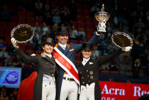 On the podium at the Reem Acra FEI World Cup™ Dressage 2016 Final in Gothenburg, Sweden today (L to R) Sweden’s Tinne Vilhelmson-Silfven (2nd), The Netherlands’ Hans Peter Minderhoud (1st) and Germany’s Jessica von Bredow-Werndl (3rd). Photo by FEI/Dirk Caremans