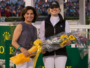 Martha Jolicoeur (left) presents Canada’s Tiffany Foster as the Overall Leading Lady Rider of the 2016 Winter Equestrian Festival. Photo by Starting Gate Communications