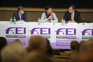 Olympic champion Steve Guerdat (SUI), centre, speaking on the panel during session three of the FEI Officials’ appointment and remuneration at today’s FEI Sports Forum in IMD, Lausanne, with Wayne Channon (GBR), rapporteur, and fellow panelist Cesar Hirsch (VEN). Photo by FEI/Richard Juilliart