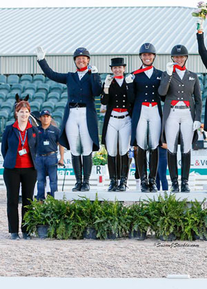 The Canadian Dressage Team rode to a Team Silver Medal in the CDIO 3* Stillpoint Farm Nations’ Cup on March 31, held as part of the 12th and final week of the Adequan Global Dressage Festival in Wellington, FL. (L to R: Christine Peters, Jacqueline Brooks, Belinda Trussell, Megan Lane, Karen Pavicic.) Photo by Susan J. Stickle