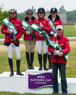 Germany, winners of the FEI Nations Cup™ Eventing at Houghton Hall (GBR) for the second year running (left to right): Peter Thomsen, Josefa Sommer, Bettina Hoy and Josephine Schnauffer, with their coach Christopher Bartle. Photo by Trevor Holt/FEI