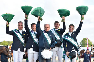 They did it again! Team Ukraine topped the podium for the second time in a week when winning today’s third leg of the Furusiyya FEI Nations Cup™ Jumping 2016 Europe Division 2 league at Odense in Denmark. (L to R) Team members Rene Tebbel, Ferenc Szentirmai, Najib Chami (Chef d’Equipe), Ulrich Kirchhoff and Cassio Rivetti. Photo by FEI/Ridehesten.com/Annette Boe Østergaard