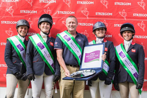 The winning British team at Strzegom (POL), fourth leg of the 2016 FEI Nations Cup™ Eventing: (left to right): Izzy Taylor, Laura Collett, Chef d’Equipe Philip Surl, Holly Woodhead and Rosalind Canter. Photo by FEI/Eventing