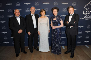 Her Royal Highness The Princess Royal (second right), who was awarded the prestigious Longines Ladies Award in London’s Natural History Museum today, is pictured here with (left to right) FEI President Ingmar De Vos, Louis Romanet, Chairman of the International Federation of Horseracing Authorities (IFHA), Nathalie Bélinguier, President of the International Federation of Gentleman and Lady Riders (FEGENTRI) and Juan-Carlos Capelli, Vice President and Head of International Marketing of Longines.