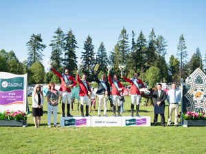 Team Mexico won the third and last leg of the Furusiyya FEI Nations Cup™ Jumping 2016 North America, Central America and Caribbean League at Langley (CAN) today to take the league title and qualify for the Furusiyya 2016 Final in September. Pictured at the prizegiving are (L to R) Show President and Event Director Jane Tidball, Chair, President and Chief Executive Officer of ATCO Ltd. Nancy Southern, team members Patricio Pasquel, Juan Jose Zendejas Salgado, Norman Dello Joio (Chef d’Equipe), Alberto Michan and Francisco Pasquel, Foreign Judge and Furusiyya representative Gerald Kuh and Vice President Operations, Thunderbird Show Park, Chris Pack. Photo by FEI/Rebecca Berry