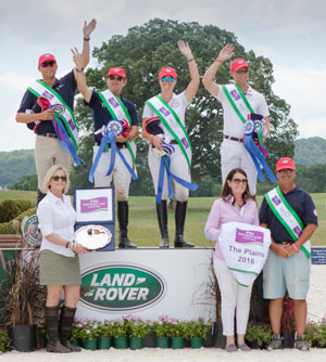 Team USA’s Boyd Martin, Phillip Dutton, Lauren Kieffer and Clark Montgomery celebrate their first win in the FEI Nations Cup™ Eventing series, at the Land Rover Great Meadows International, The Plains, Virginia (USA) with Helen McDonald and Deborah Sandford for Land Rover North America and US Chef d'Equipe David O'Connor. (FEI/Stock Image Services)